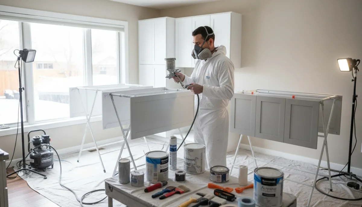 Professional cabinet painting in Denver CO using spray techniques for smooth, durable kitchen finishes