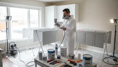 Professional cabinet painting in Denver CO using spray techniques for smooth, durable kitchen finishes