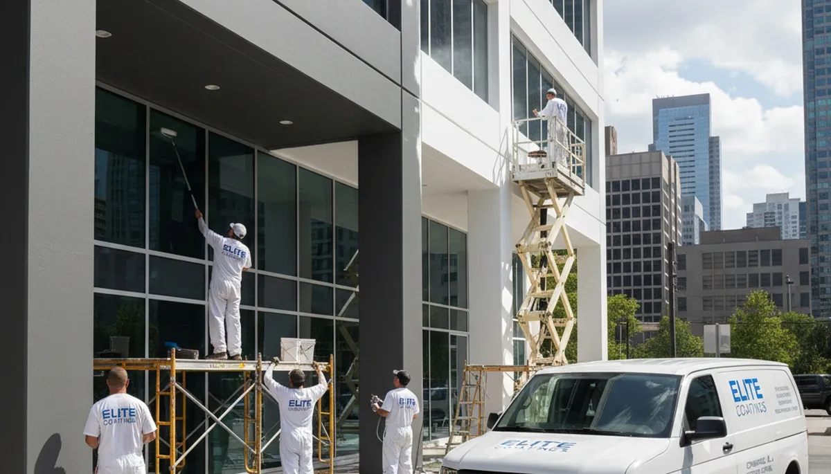 Professional commercial painters finishing office building exterior in Denver, CO