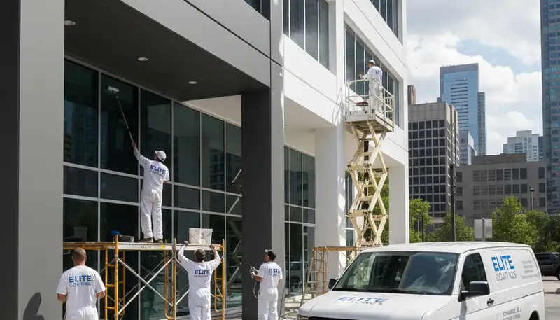 Professional commercial painters finishing office building exterior in Denver, CO