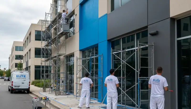 Professional commercial painters working on an office exterior in Denver, CO