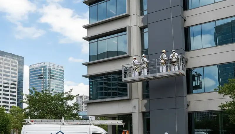 Professional commercial painters working on an office exterior in Denver, CO