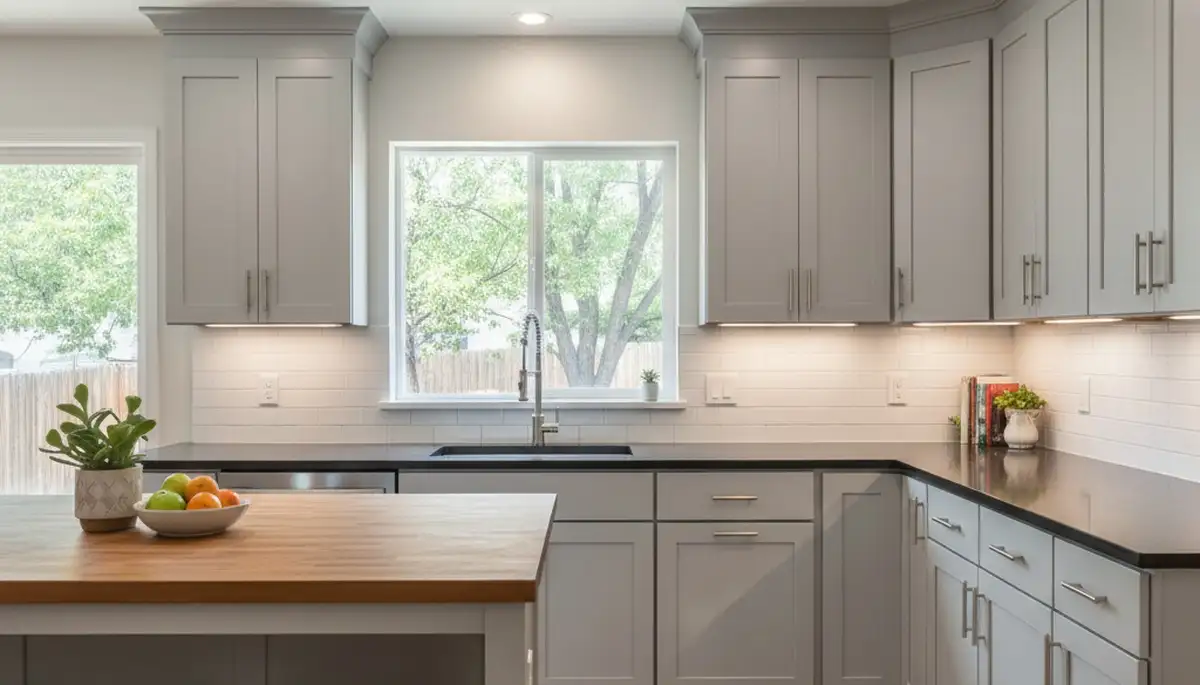 Refinished kitchen cabinets in Denver, CO with smooth, modern paint finish by local house-painting experts