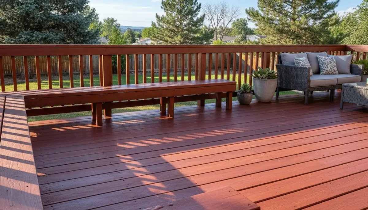 Finished deck staining in Denver, CO highlighting rich wood finish and expert weather-resistant protection