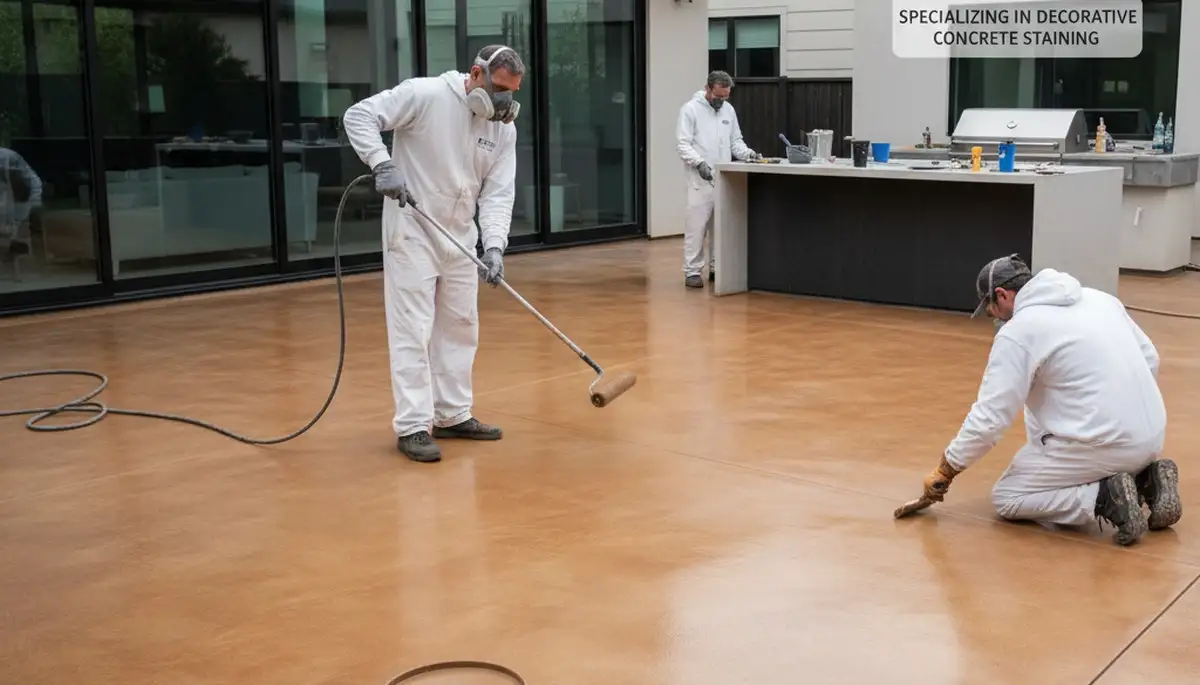 Professional concrete staining on residential patio floor in Denver, CO with durable finish