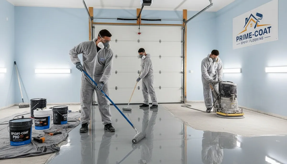 Epoxy floor coating in Denver CO garage with durable, glossy finish by local painting professionals