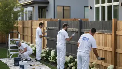 Professional fence painters coating wood fence in Denver, CO for weather-resistant finish