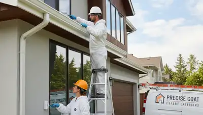 Professional gutter painting on a Denver, CO home by expert house painters protecting against weather damage