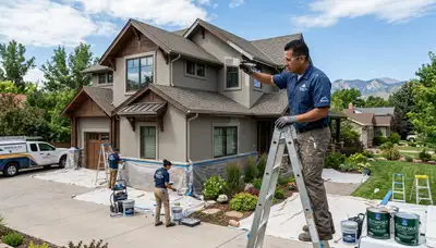 Professional house painters in Denver CO applying exterior paint to residential home façade