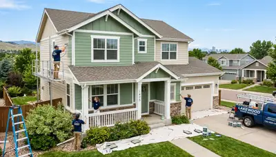 Professional house painters working on exterior home in Denver, CO