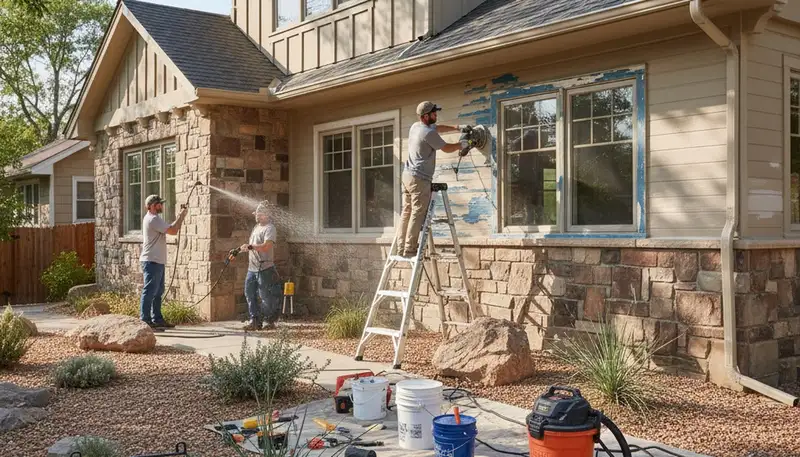 Professional surface preparation for exterior house painting in Denver, CO ensuring durable paint adhesion